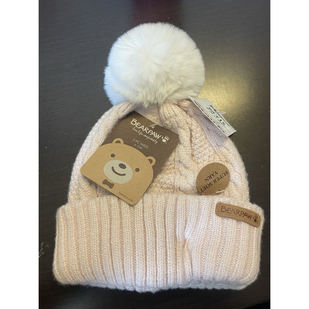 Bearpaw Baby Beanie Hat 2 Pack Set Light Pink White Pom Pom 6-12M BNE32286-I NEW